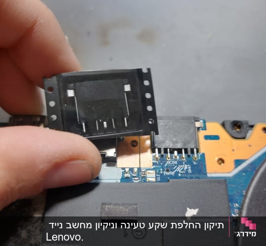 יד מחזיקה רכיב אלקטרוני מעל לוח אם של מחשב